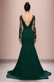 Dark Green Sereia Renda Mangas Longo Vestido de Noite com Apliques