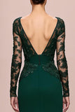 Dark Green Sereia Renda Mangas Longo Vestido de Noite com Apliques