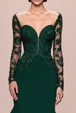 Dark Green Sereia Renda Mangas Longo Vestido de Noite com Apliques