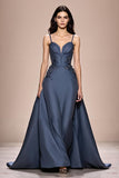 Cinzento Azul A-Line Cetim Esparguete Correias Vestido de Noite Longo com Apliques