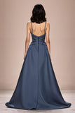 Cinzento Azul A-Line Cetim Esparguete Correias Vestido de Noite Longo com Apliques