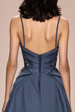 Cinzento Azul A-Line Cetim Esparguete Correias Vestido de Noite Longo com Apliques