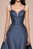 Cinzento Azul A-Line Cetim Esparguete Correias Vestido de Noite Longo com Apliques