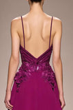 Ameixa A-Line Appliqued Spaghetti Correias Vestido de Noite Longo