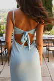 Sky Blue Bainha Esparguete Alças Cetim Vestido de Noite Longo