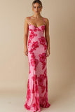 Chiffon estampado rosa claro espaguete correias bainha longo vestido de noite