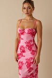 Chiffon estampado rosa claro espaguete correias bainha longo vestido de noite