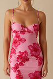 Chiffon estampado rosa claro espaguete correias bainha longo vestido de noite