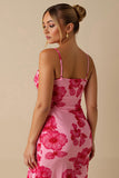 Chiffon estampado rosa claro espaguete correias bainha longo vestido de noite