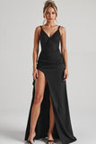Bainha preta espaguete alças vestido de noite com fenda