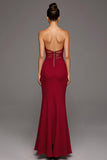 Strapless vermelho cortado sereia vestido formal