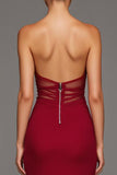 Strapless vermelho cortado sereia vestido formal