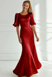 Champagne Sereia Cetim Vestido Formal Longo com Mangas Curtas