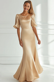 Champagne Sereia Cetim Vestido Formal Longo com Mangas Curtas