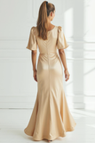 Champagne Sereia Cetim Vestido Formal Longo com Mangas Curtas