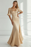 Champagne Sereia Cetim Vestido Formal Longo com Mangas Curtas