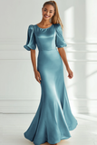Champagne Sereia Cetim Vestido Formal Longo com Mangas Curtas