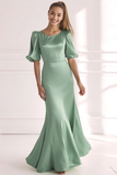 Champagne Sereia Cetim Vestido Formal Longo com Mangas Curtas