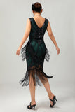 Preto Verde Lantejoulas Fringe V Neck 1920s Vestido com 5-Piece Acessórios set