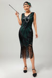 Preto Verde Lantejoulas Fringe V Neck 1920s Vestido com 5-Piece Acessórios set