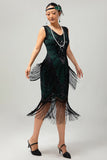 Preto Verde Lantejoulas Fringe V Neck 1920s Vestido com 5-Piece Acessórios set