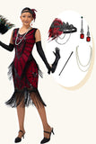Vestido de lantejoulas pretas pretas da década de 1920 com conjunto de acessórios de 5 peças