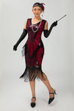 Vestido de lantejoulas pretas pretas da década de 1920 com conjunto de acessórios de 5 peças