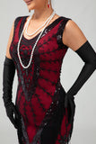Vestido de lantejoulas pretas pretas da década de 1920 com conjunto de acessórios de 5 peças