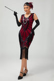 Vestido de lantejoulas pretas pretas da década de 1920 com conjunto de acessórios de 5 peças
