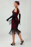 Vestido de lantejoulas pretas pretas da década de 1920 com conjunto de acessórios de 5 peças