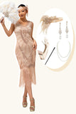 Champagne Fringed Sequins 1920s Vestido com Conjunto de Acessórios de 5 Peças