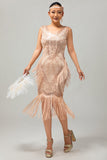 Champagne Fringed Sequins 1920s Vestido com Conjunto de Acessórios de 5 Peças