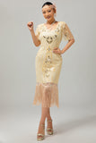 Damasco franjado lantejoulas 1920s Flapper vestido com mangas curtas