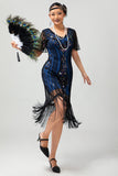 Damasco franjado lantejoulas 1920s Flapper vestido com mangas curtas