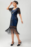 Preto Azul Lantejoulas Fringe Scoop Neck 1920s Vestido com 5-Piece Acessórios set