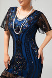 Preto Azul Lantejoulas Fringe Scoop Neck 1920s Vestido com 5-Piece Acessórios set