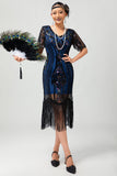 Preto Azul Lantejoulas Fringe Scoop Neck 1920s Vestido com 5-Piece Acessórios set