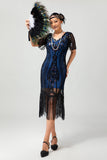 Damasco franjado lantejoulas 1920s Flapper vestido com mangas curtas