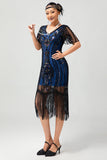 Preto Azul Lantejoulas Fringe Scoop Neck 1920s Vestido com 5-Piece Acessórios set