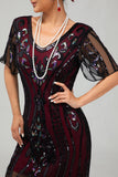 Borgonha Tight Fringed 1920s vestido com lantejoulas