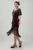 Borgonha Tight Fringed 1920s vestido com lantejoulas