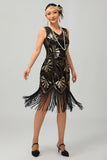 Green Golden Sequin V Neck Bodycon 1920s Flapper Vestido com Tassles