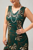 Vestido Verde Golden Beaded Fringe 1920s com conjunto de acessórios de 4 peças