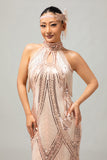Vestido Champagne Sequin Halter Fringe 1920s com conjunto de acessórios de 5 peças
