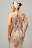 Champagne Halter Sequin Keyhole Fringed 1920s Vestido