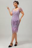 Sparkly roxo frisado V pescoço curto 1920s vestido com lantejoulas