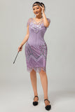 Sparkly roxo frisado V pescoço curto 1920s vestido com lantejoulas