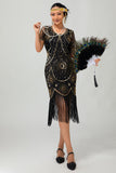 Frisado Preto Dourado Franja Bodycon 1920s Vestido