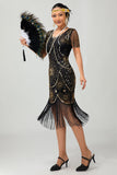 Frisado Preto Dourado Franja Bodycon 1920s Vestido