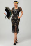 Frisado Preto Dourado Franja Bodycon 1920s Vestido